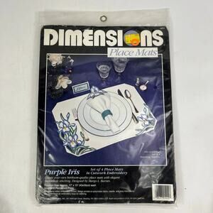Dimensions Purple Iris Place Mats Cutwork Embroidery Kit Set of 4 Vintage 1982